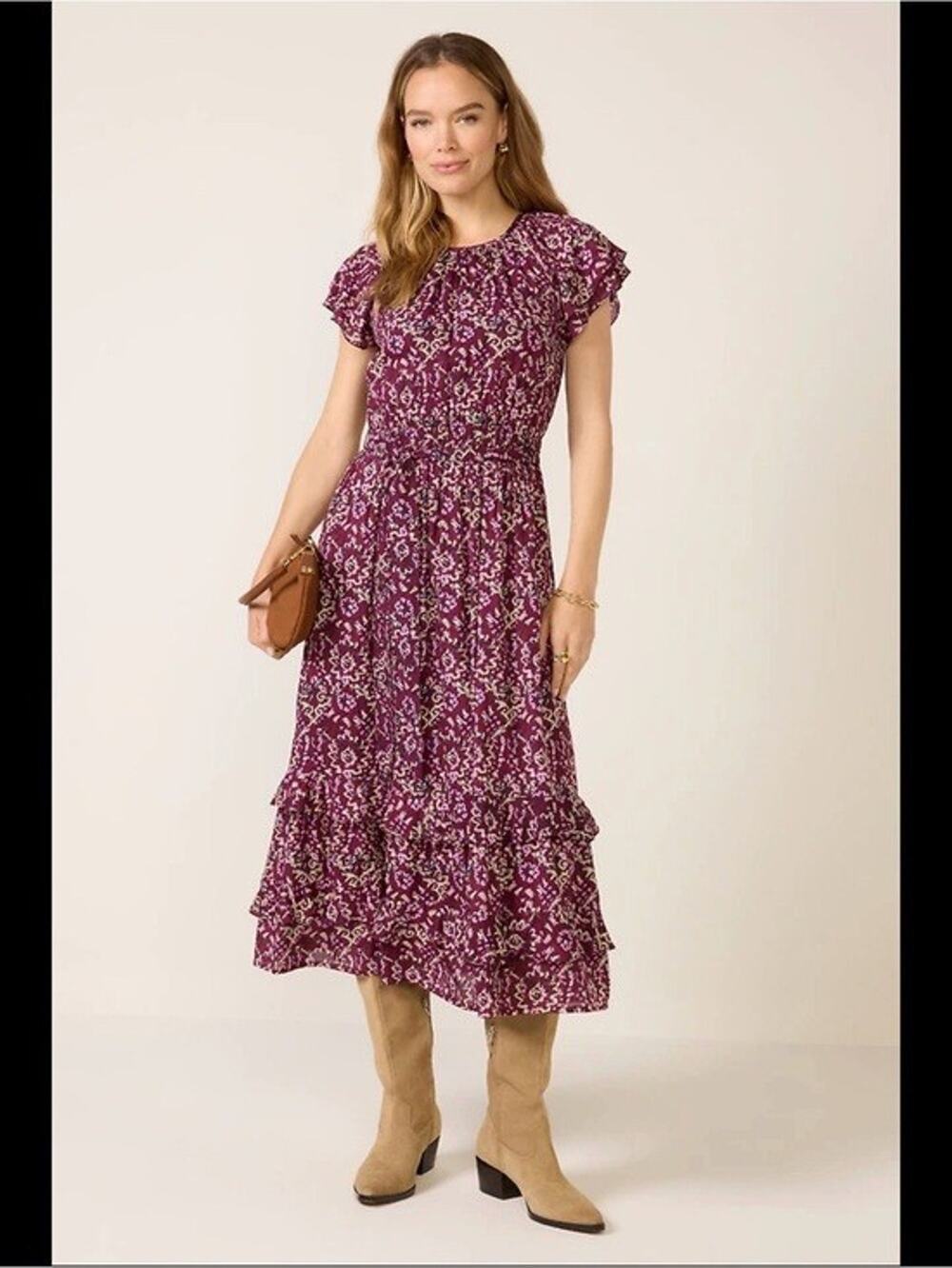 Evereve Plum Floral Tiered Boho Style Purple White Ditys Print Maxi Dress Sz M